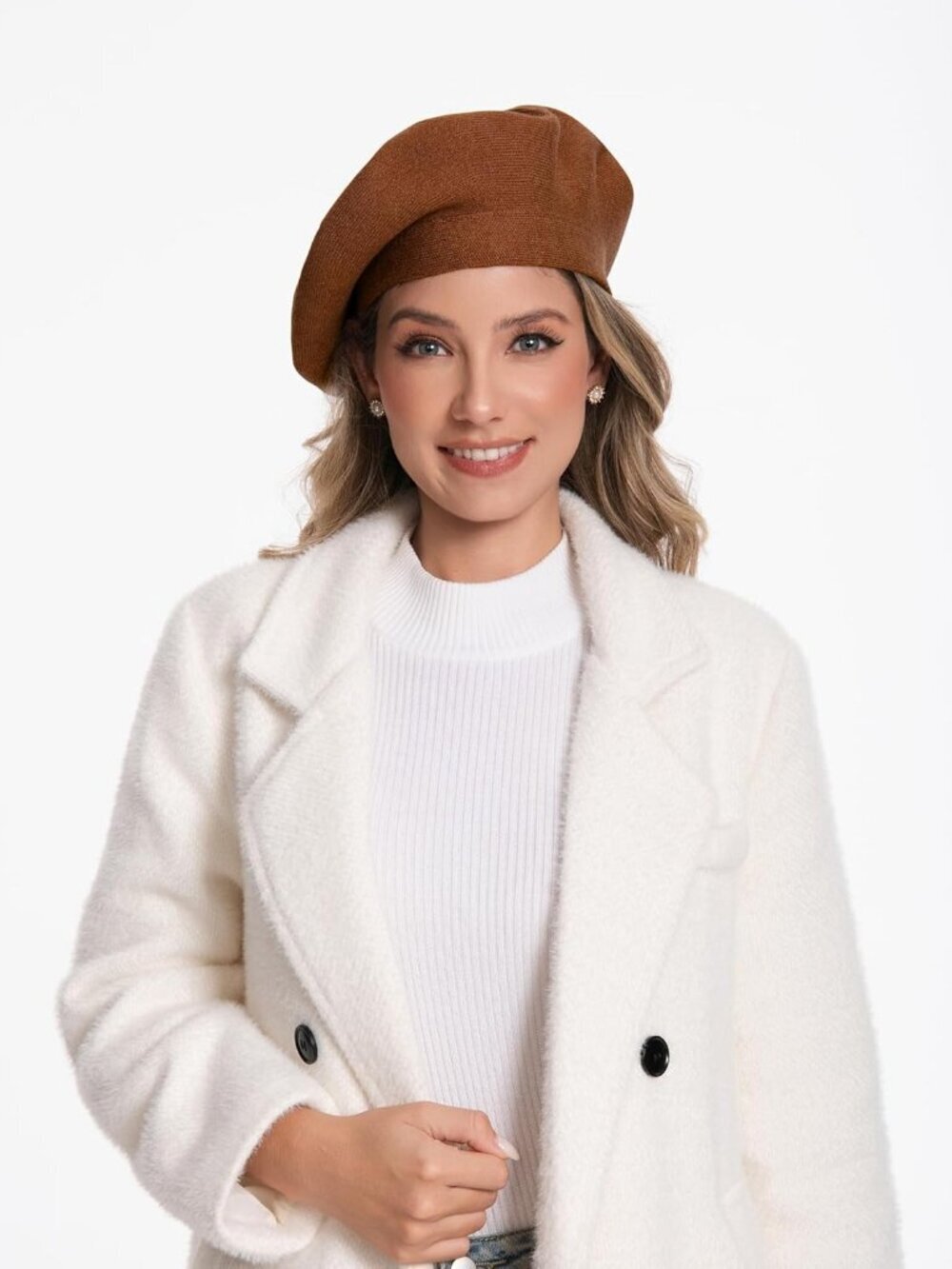 Women's French Style Double Layer Winter Autumn Warm Beanie Hat Orange Brown